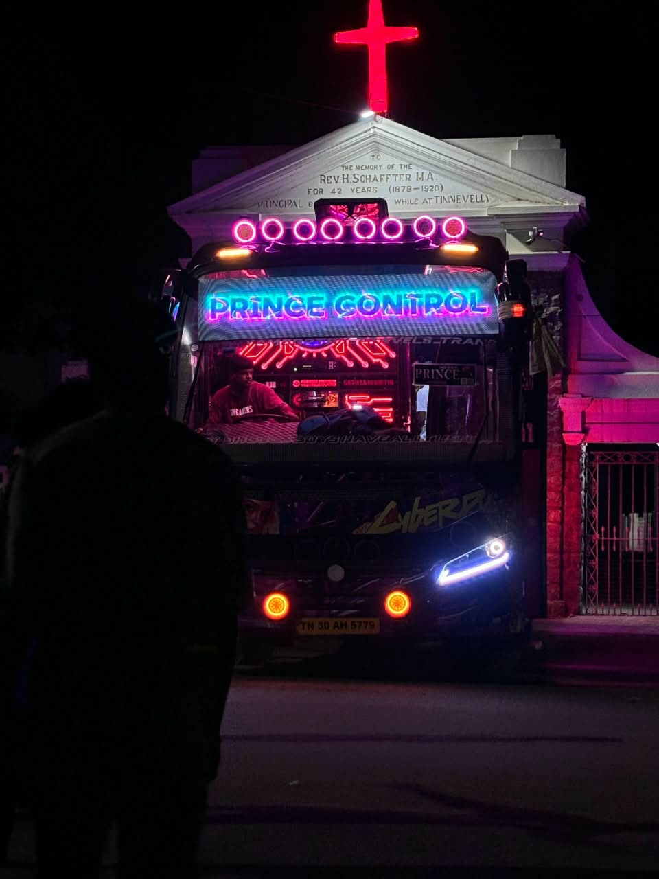 Colorful lights of the bus at night
