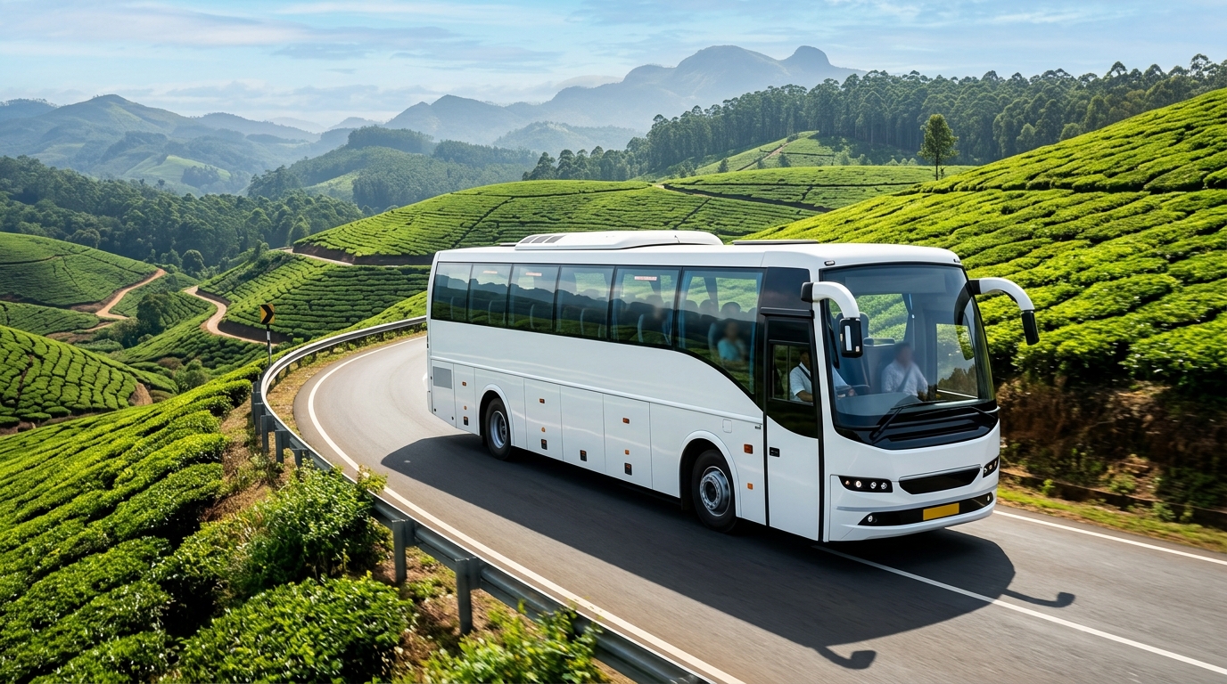 Premium tourist bus travelling along a mountain road