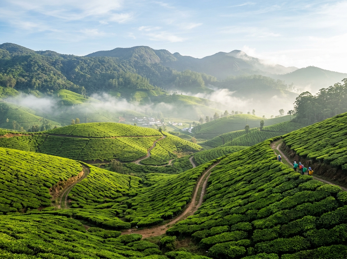 Panoramic mountain tea hills viewed from inside the luxury tourist bus
